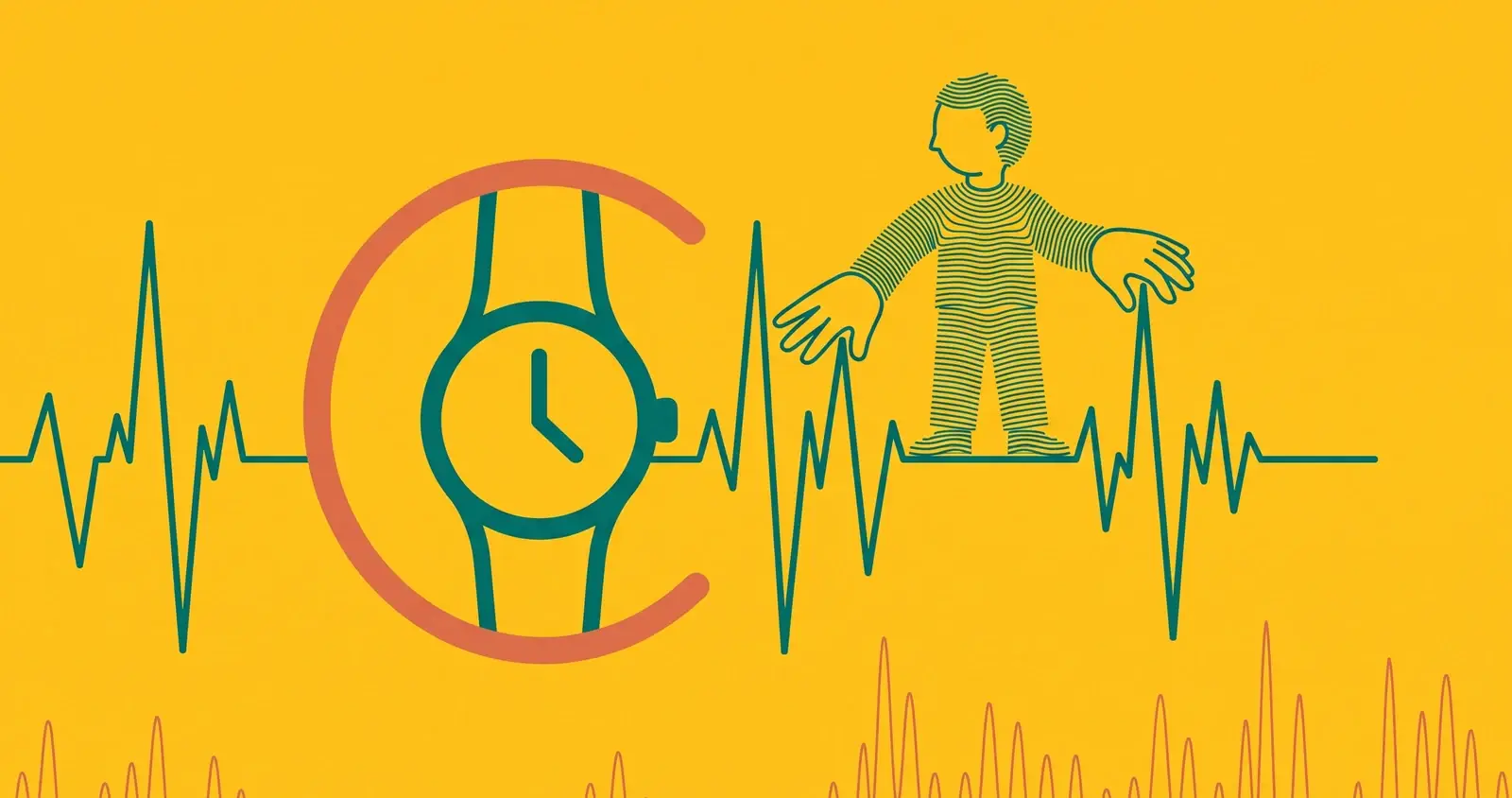 Illustrazione a tratto: una linea pulsante come un elettrocardiogramma attraversa un orologio racchiuso da un cerchio terracotta aperto, simbolo di salute e benessere su watchOS.