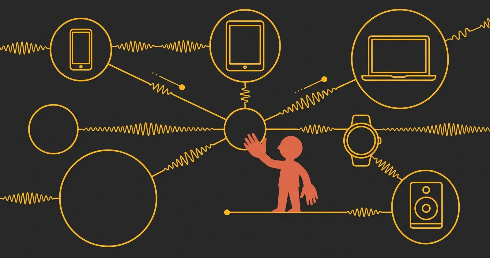 Illustrazione a tratto: forme collegate da linee oscillanti evocano la continuità tra dispositivi dell'ecosistema Apple, tra iCloud e Continuity.