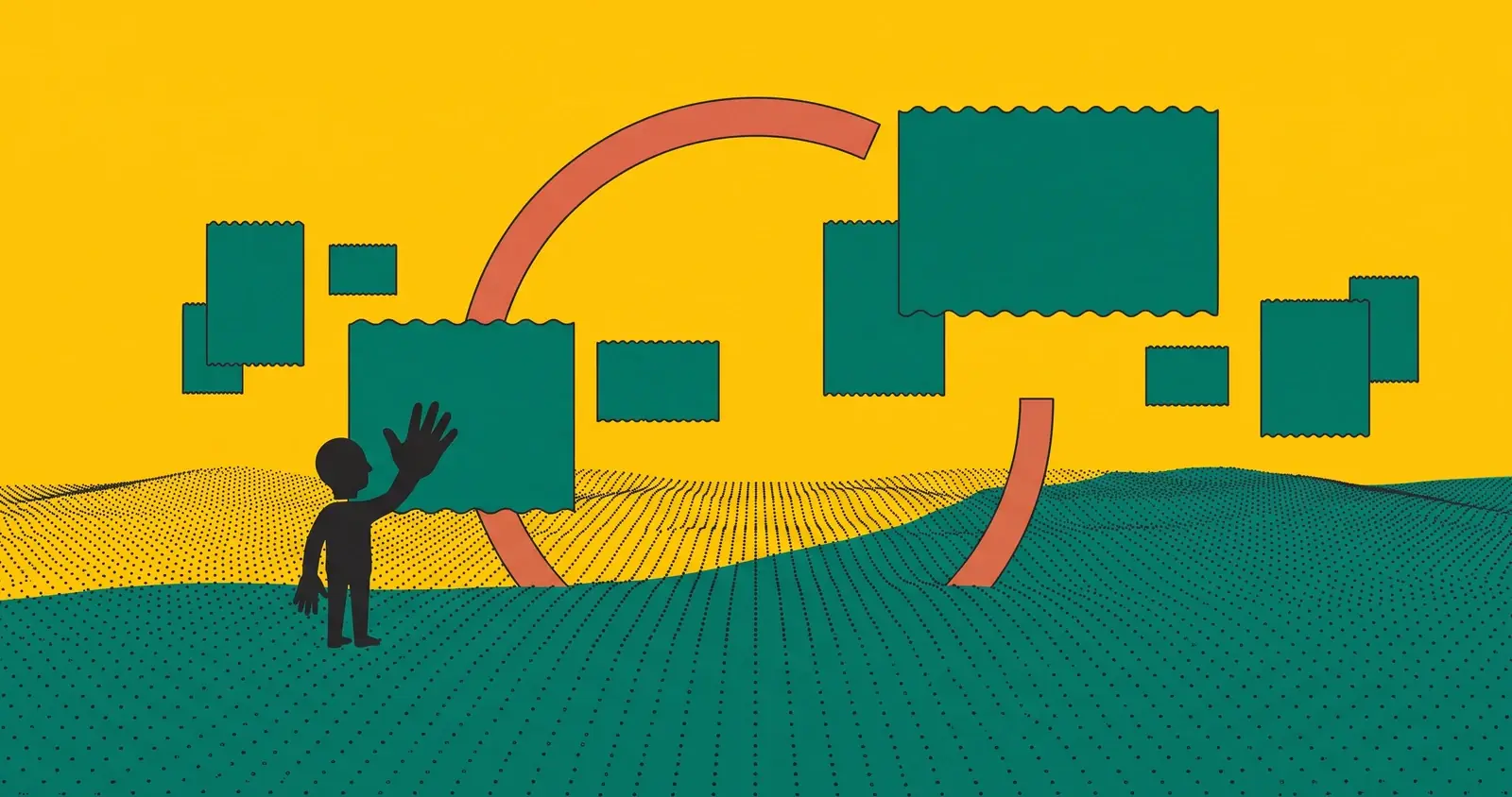 Illustrazione a tratto: una figura in scala ridotta immersa in uno spazio profondo definito da linee sismografiche, a rappresentare lo spatial computing di visionOS.