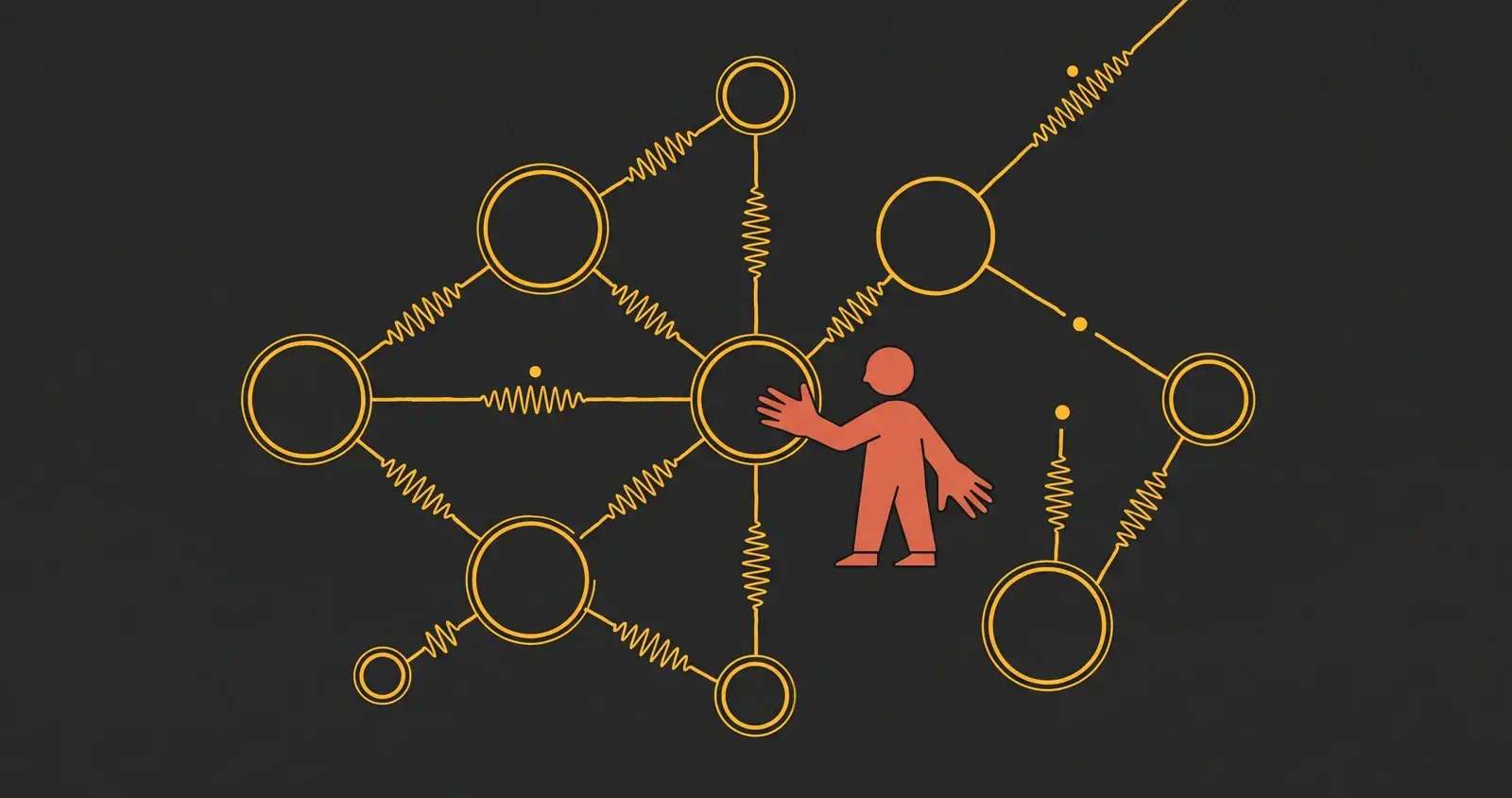 Illustrazione a tratto: una figura tocca il nodo centrale di una rete di cerchi collegati da linee a molla, simbolo delle API e degli SDK per sviluppatori.